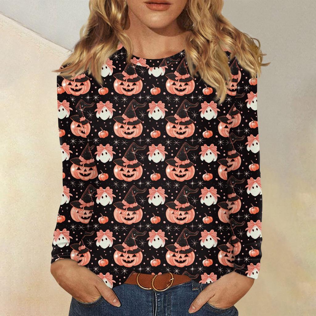 Langarmshirts Für Damen Niedliche Halloween-Print Grafik-T-Shirts Blusen Lässig Große Größen Basis-Oberteile Pullover