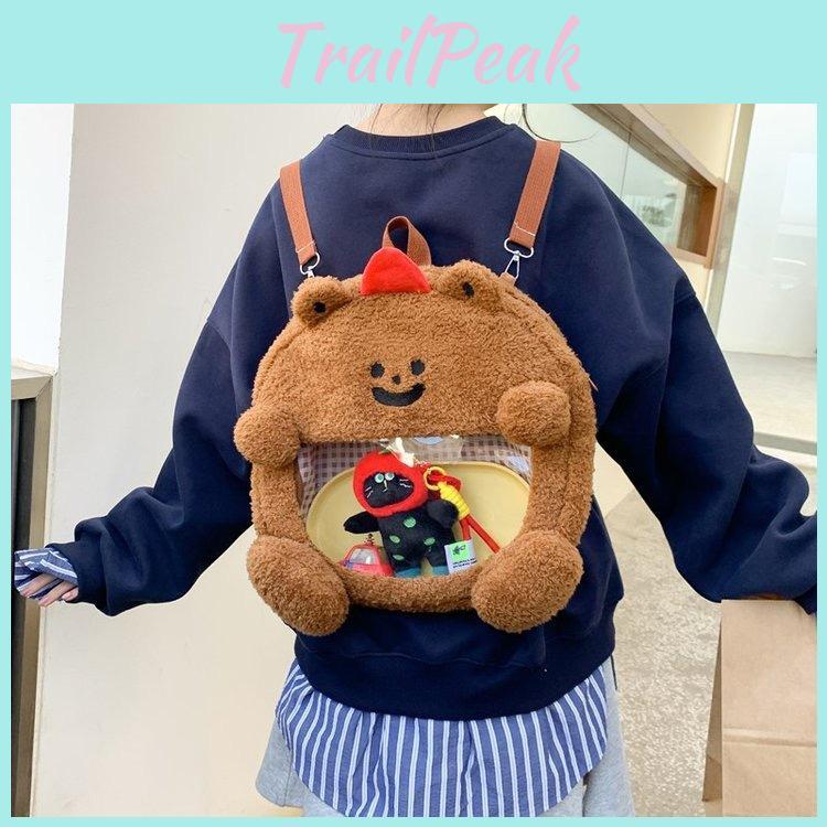 Cute And Furry Bear Plush Backpack With Transparent Layer For Badges Carrying