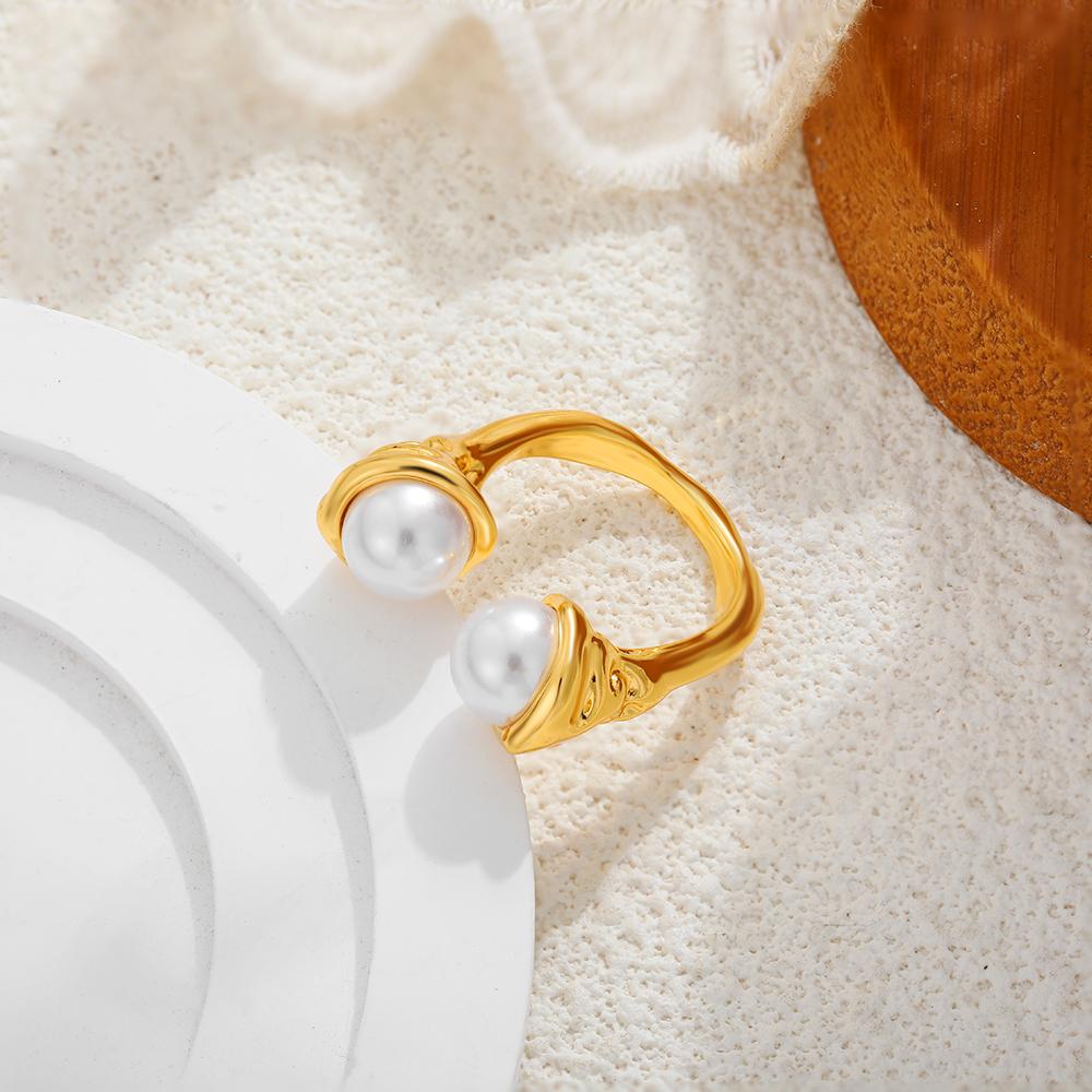 Fashion Imitation Pearl Geometric Open Ring Women Stainless Steel Elegant Gold Plated Stacking Ring High Quality Jewelry Bijoux