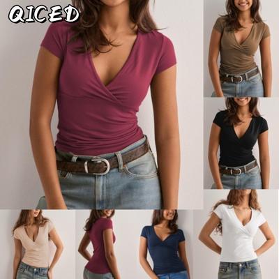 Women's Fashion Casual Solid Color Print Short Sleeve V Neck Blouses & Shirts