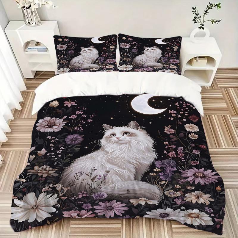 3pcs Starry Sky and White Cat Printed Duvet Cover Set (1 * Cover+2 * Pillowcase, Without Core), Suitable for Home Bedroom, Guest Room, Dormitory