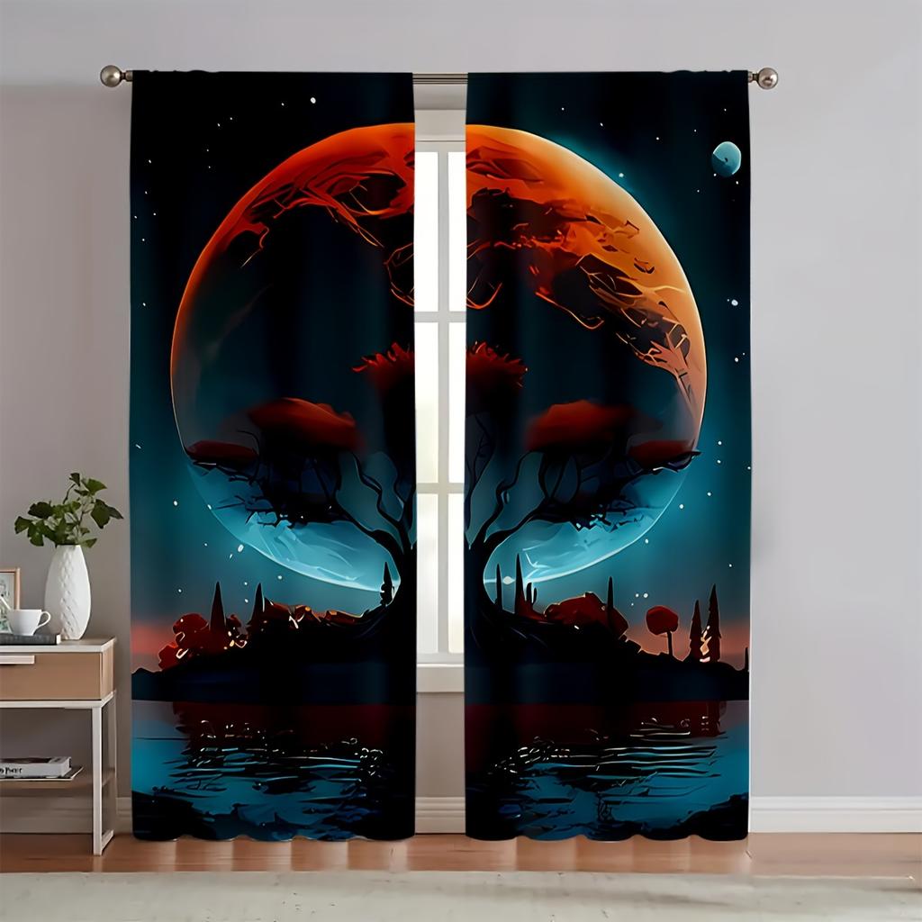 2pcs Set Tree & Planet Design Curtains-polyester Fiber   Machine Washable   Rod-shaped Pocket Can Be Easily Hung-very Suitable