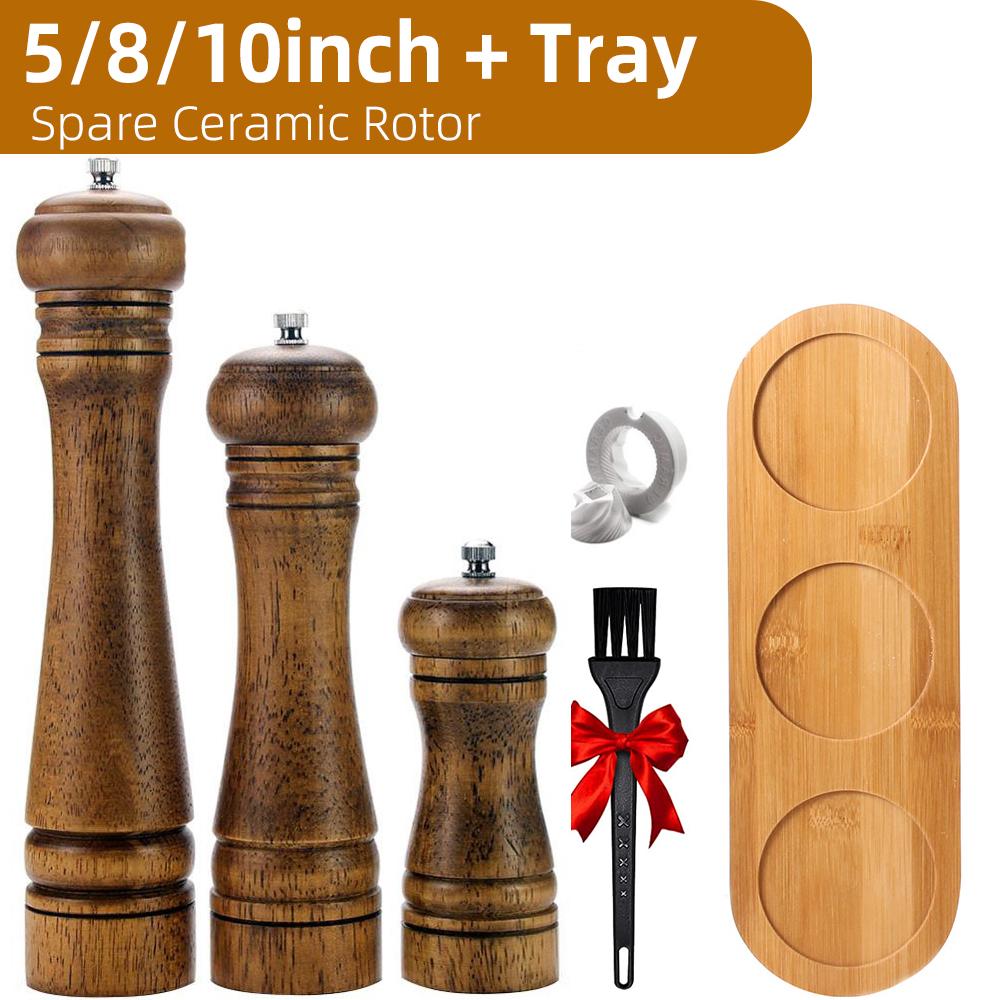 Wood Salt and Pepper Grinder Set, Pepper Mill, Salt Shakers w/Adjustable Ceramic Rotor- Refillable - Oak Wood