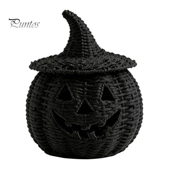 Decoraciones Espeluznantes para Repisa Halloween Cesta de Calabaza de Resina, Linterna Falsa Tejida Adorno, Acentos para el Hogar para Bote de Dulces Negro Decoración de Mesa Regalo de Inauguración