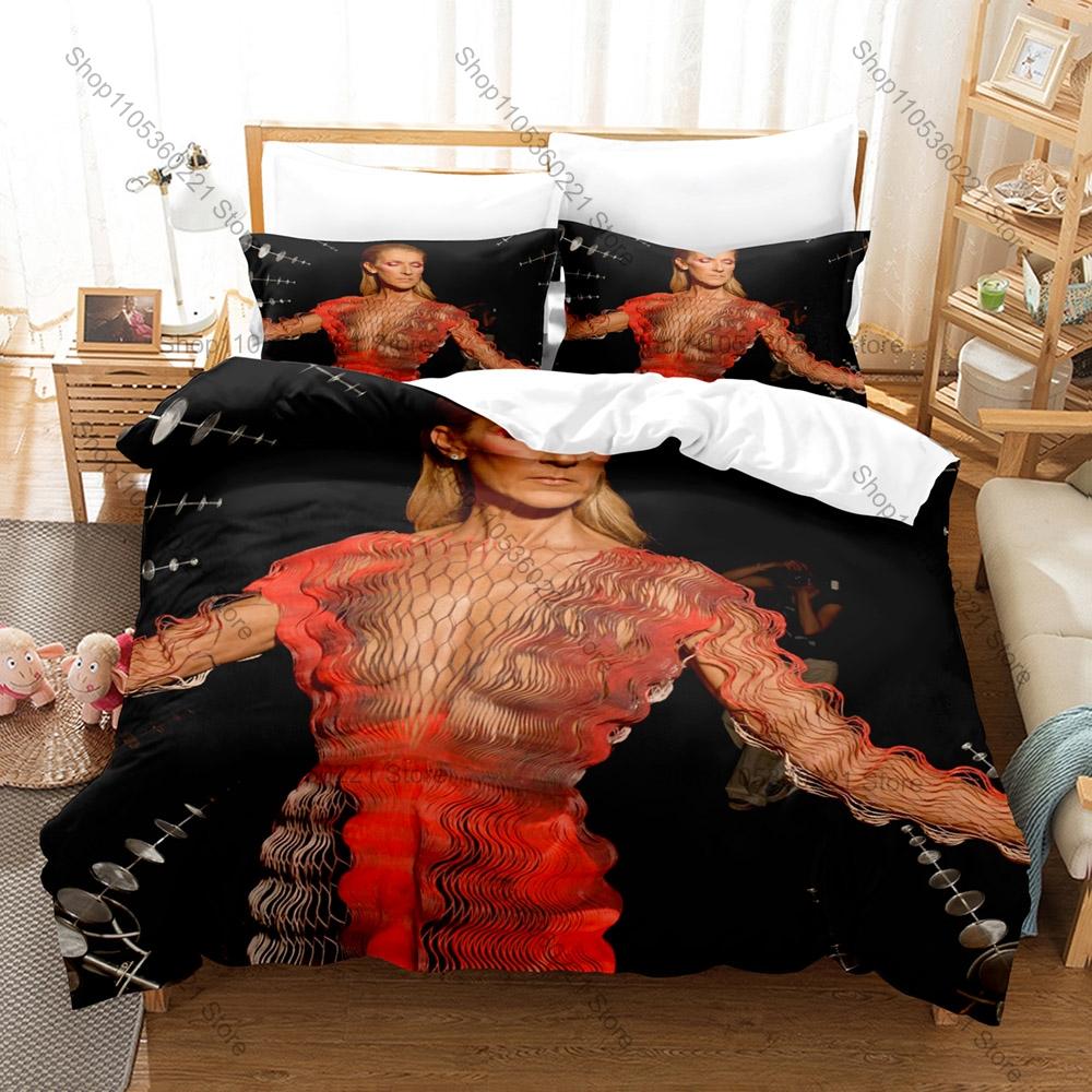 Celine Dion World Tour Singer Print Bedding Set Soft Polyester Duvet Cover + 2 Pillowcases For Pop Music Fans Bedroom Decor