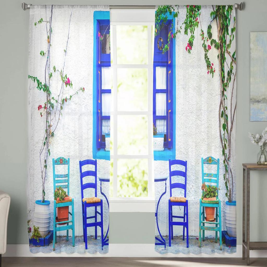 Street Bistro Fenster Stühle Tüllvorhänge Balkonzimmer Mode Bedruckter Voilevorhang Wohnzimmerfenster Moderne Dekoration