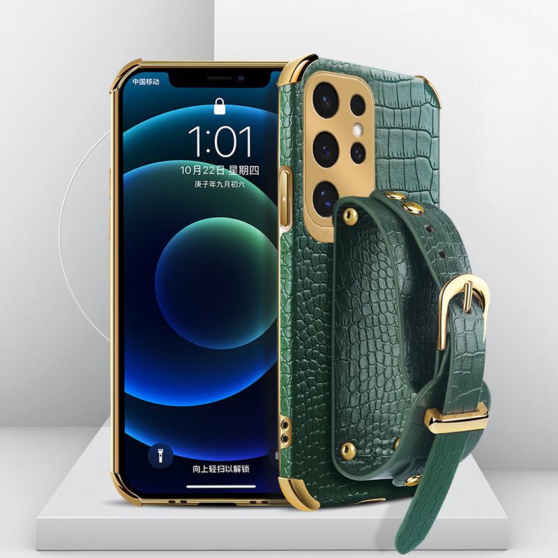 Crocodile Pattern Phone Case For Samsung Galaxy S25edge S24 FE S23 S22 S21 Ultra Plus FE Note 20 9 8 Back Cover With Wrist Strap