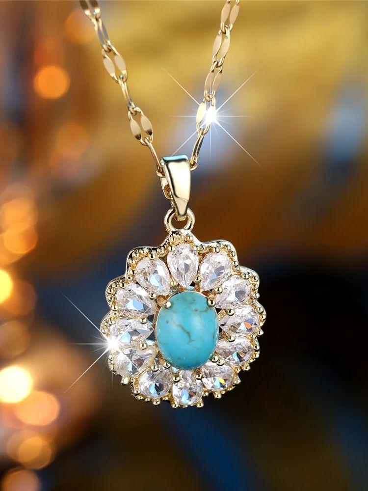 

Female Crystal White Zircon Blue Stone Pendant Necklace Vintage Gold Color Wedding For Women
