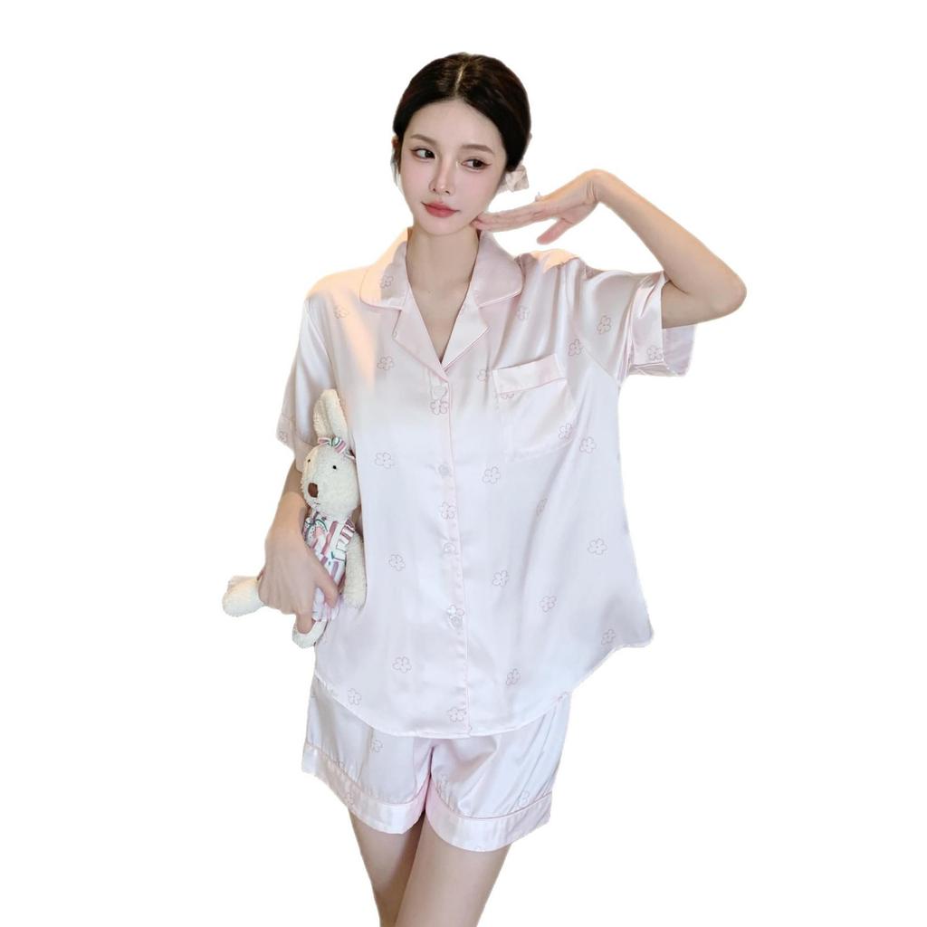 Short-sleeved shorts, summer loungewear set, simulated silk, cool pajamas can be worn outside, simple large-size ice silk pajamas