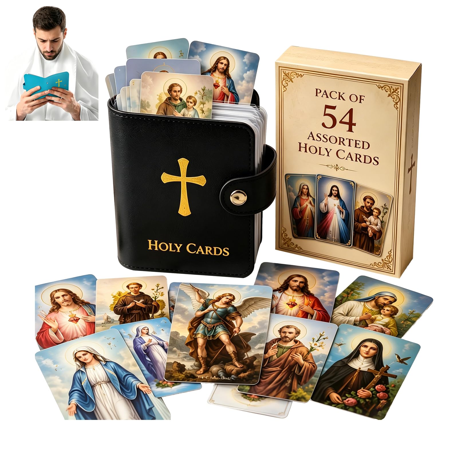 Catholic Genuine Leather Holy Card Holder, Catholic Holy Card Holder, Pocket Prayer Card Organizer with Snap Closure, Holds Up to 40 Religious Cards чёрный