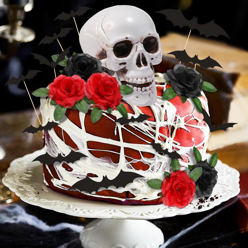 29 Stück Halloween Kuchenaufsätze - Geist, Schädel, Fledermaus & Schwarze Rose Dekorationen für Partys & Geburtstage
