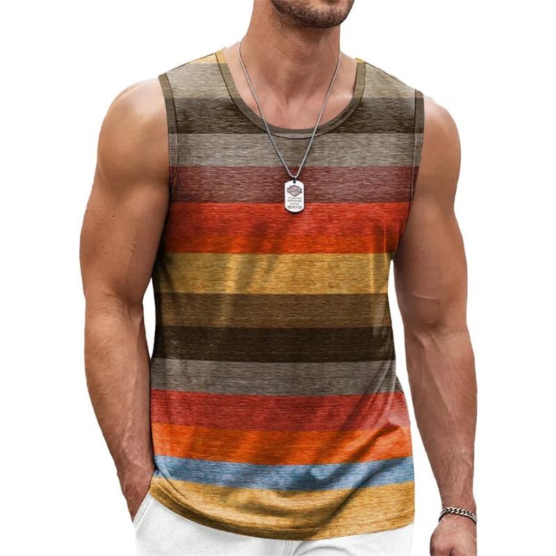 Retro Striped Graphic Tank Tops For Men Fashion Casual Summer Sleeveless 3D Printed Vest Loose Crew Neck Quick Dry Sports Tees