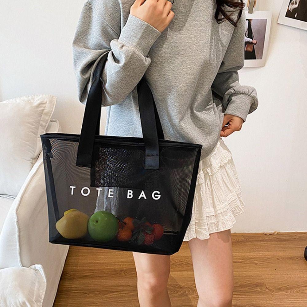 Large Capacity Mesh Tote Bag Zipper Shopping Shoulder Bag Breathable Swimming Handbag  Cosmetic