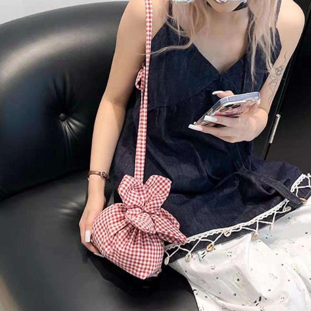 Cute Plaid Flower Crossbody Bag Portable Ins Shoulder Bag Casual Flower Drawstring Bag  Travel