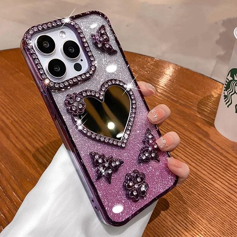 Hjerte Sminkespeil Deksel For iPhone 16 Pro Max 15 Plus Plating Sommerfugl Deksel For iPhone 14 Pro 13 12 11 Glitter Diamant Deksel