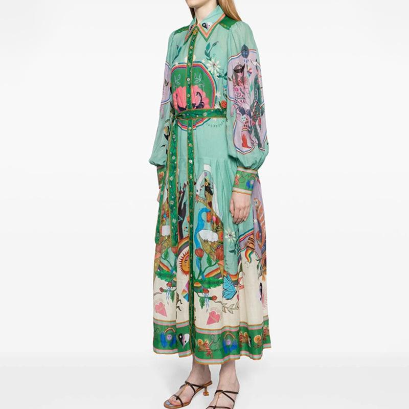 2026 Cross-border Foreign Trade European and American Women's Wear Spring New Printed Lapel Lantern Sleeve Waist-Cinching Dress 661