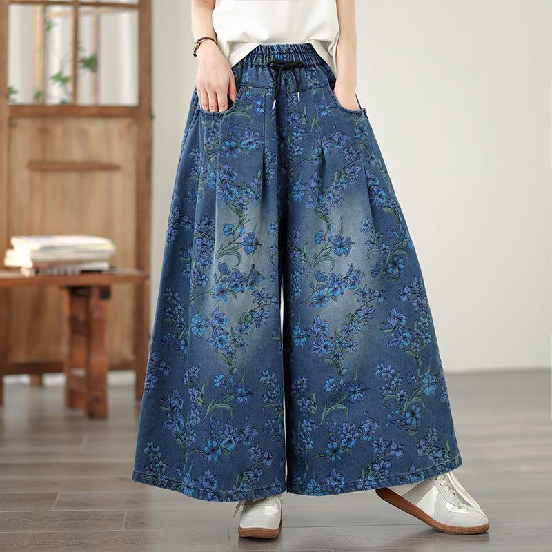 Spring Print Elastic Waist Wide-Leg Jeans - Slimming, Casual, Versatile, Oversized Fit Large