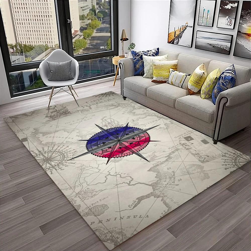Retro Kompas Navigační Mapa Koberec pro Domácí Obývací Pokoj Ložnici Pohovku Rohožka Dekorace, Koberec do Dětského Hracího Koutku Protiskluzová Podlahová Rohožka