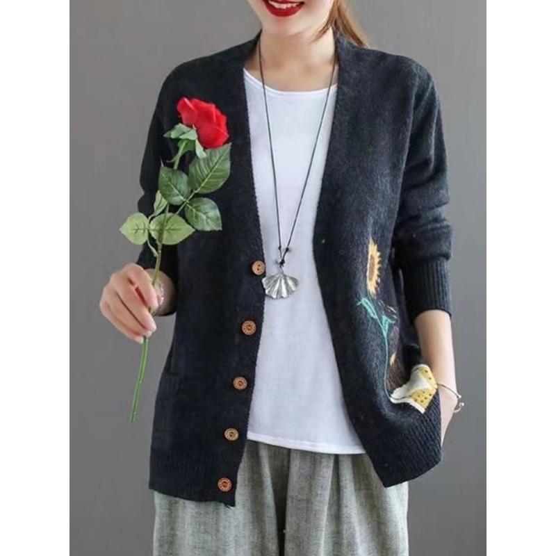 Women S Vintage V Neck Long Sleeve Knit Cardigan Loose Fit Thin Sweater Coat