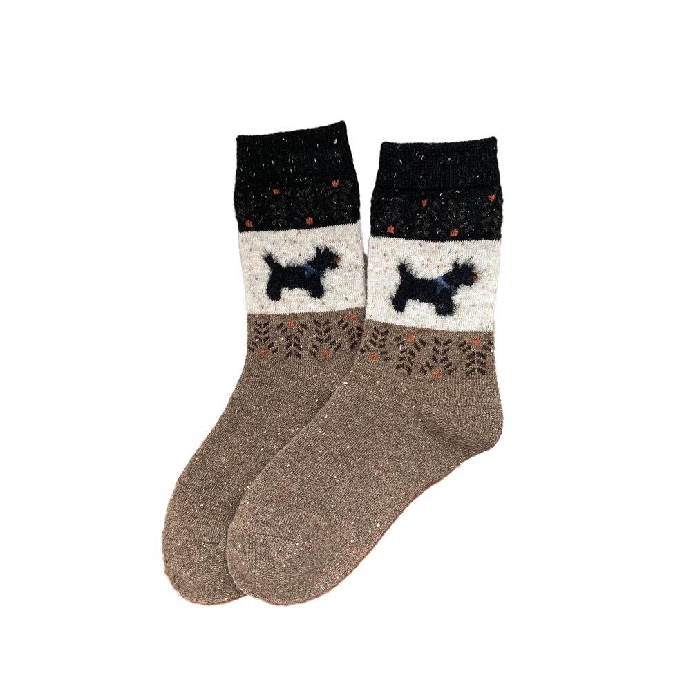 Ich Herbst- und Winter-Cartoon-Farbblock-Hund-Mädchensocken, Verdickte Wollsocken, Warme Socken, Wadenlange Socken, Retro-Outfits