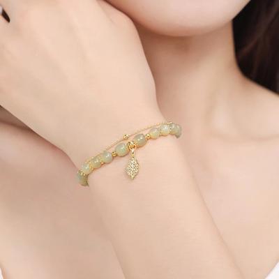 Women Bracelet Faux Jade Smooth Bead Leaf Pendant Double-layered Adjustable Length Rhinestone Lady Bangle Prom Daily Wrist Jewelry