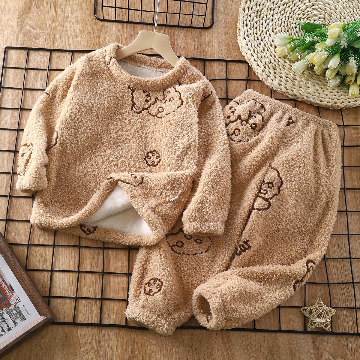 

2 шт./компл. Утепленный теплый детский плюшевый плюшевый осенне-зимний для мальчиков и девочек, милый мультяшный медвежонок, двусторонний стеганый, детская одежда 80