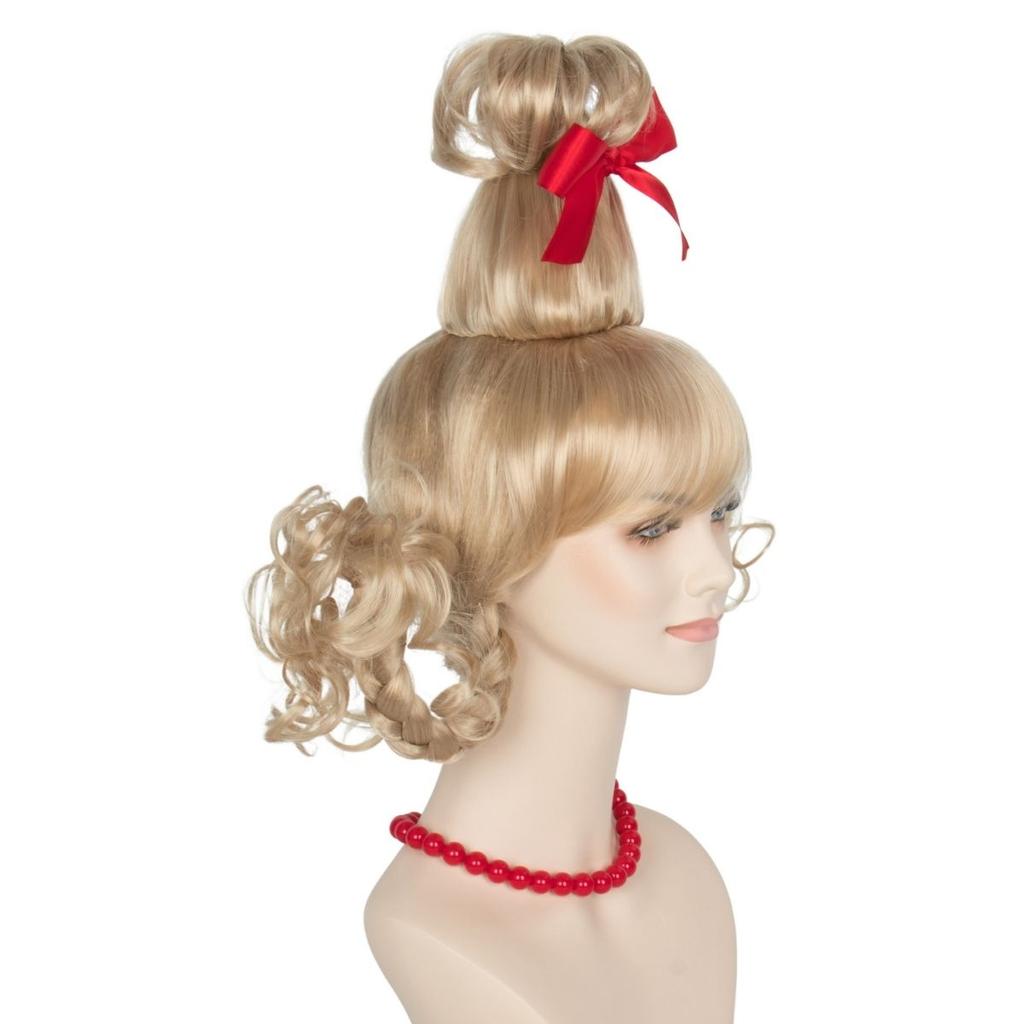 Anime Cosplay High-Top Blonde Wig with Bow Braid Christmas Synthetic Hair for Women Party Costume Accessory