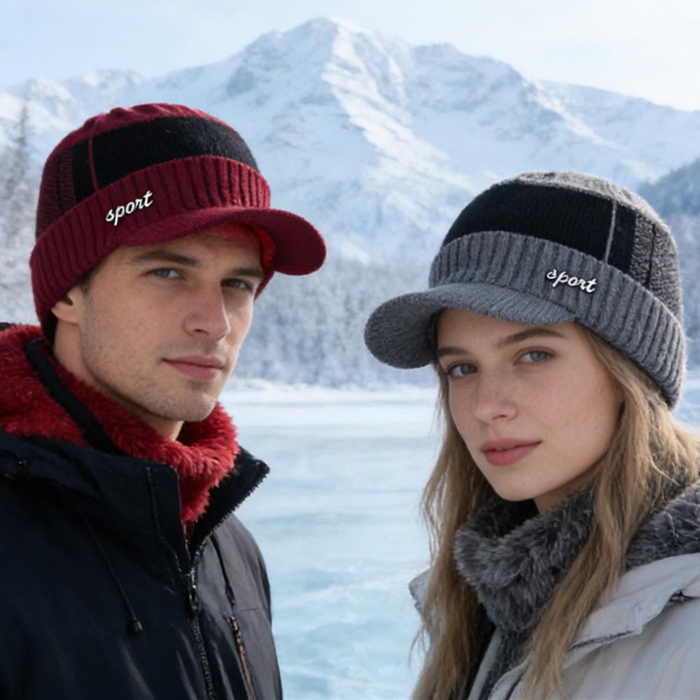 Unisex Warm Winter Hat With Brim Plush Fur Lined Knit Cap Sports Label Thicken Winter Hats For Men