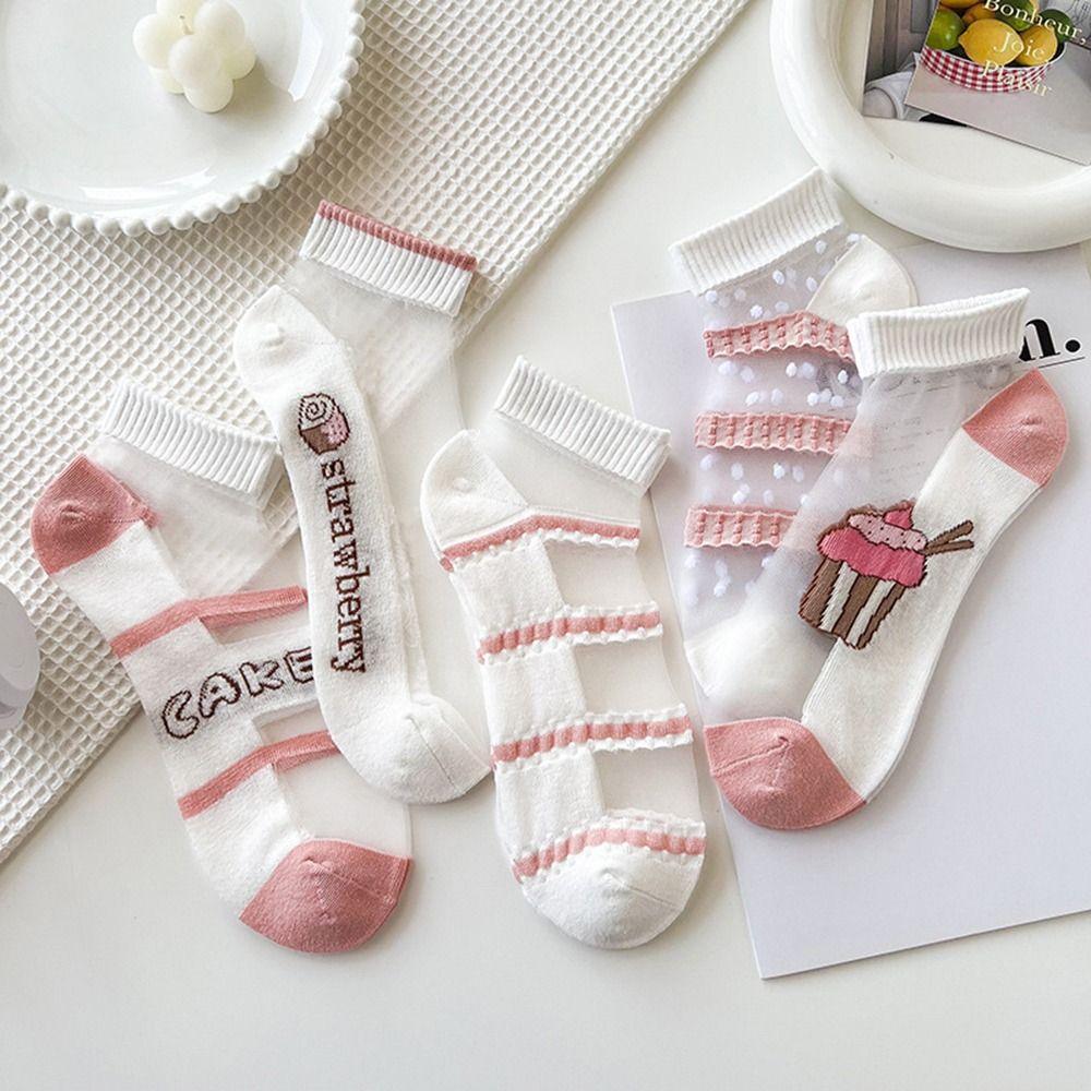 

Female Hosiery Pink Cake Short Socks Socks Slippers Embroidery Flowers Socks Glass Silk Boat Socks E
