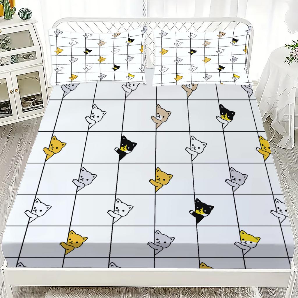 3pcs Cartoon Fitted Sheet Set Pink Cute Cat Claws Print 100% Polyester Breathable Bedding Set for Home Decor with 2 Pillowcases