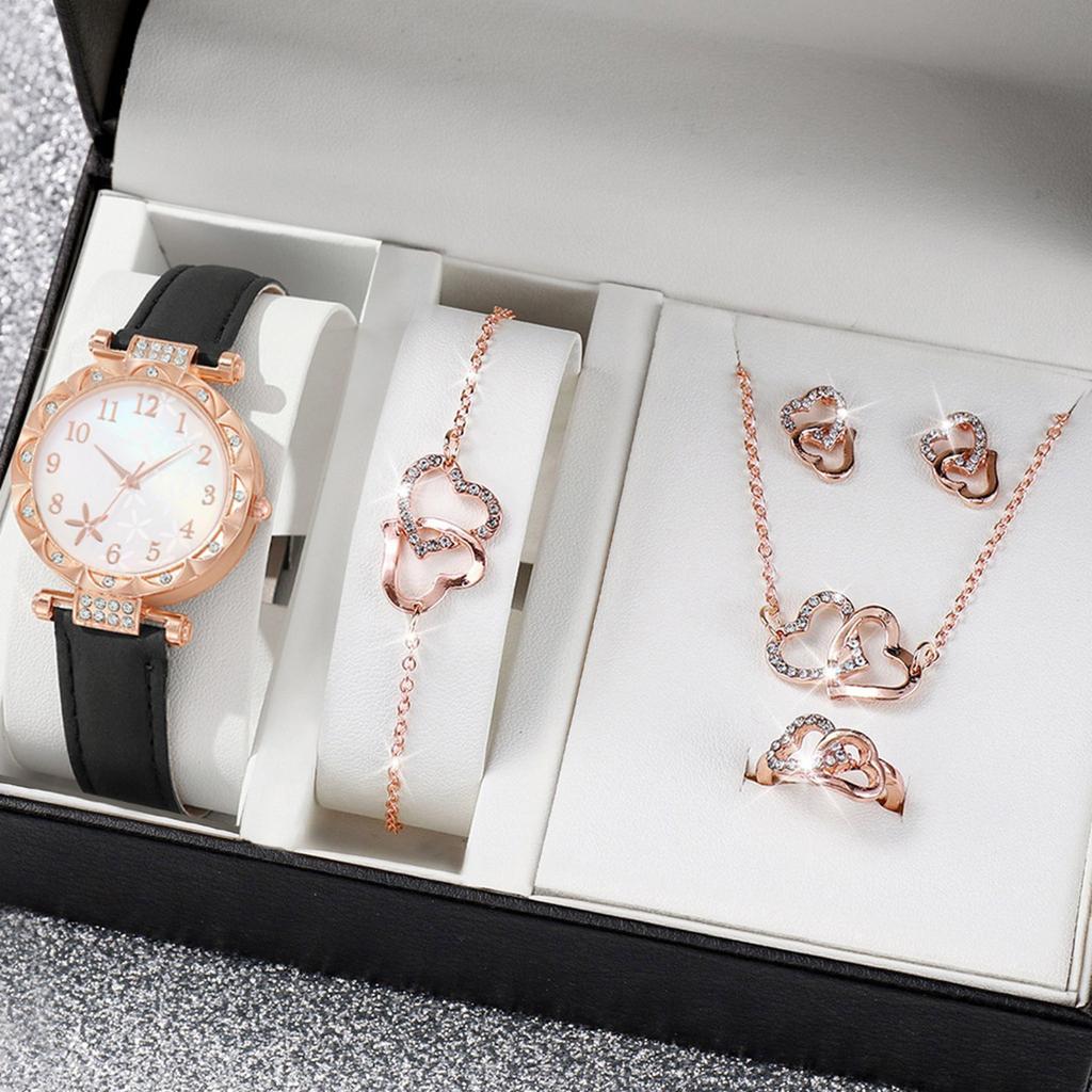 Damen Armbanduhr und Koordinierende Schmuckkollektion Anhänger Halskette Armband Ringe Ohrringe Modisches Damen Schmuckset