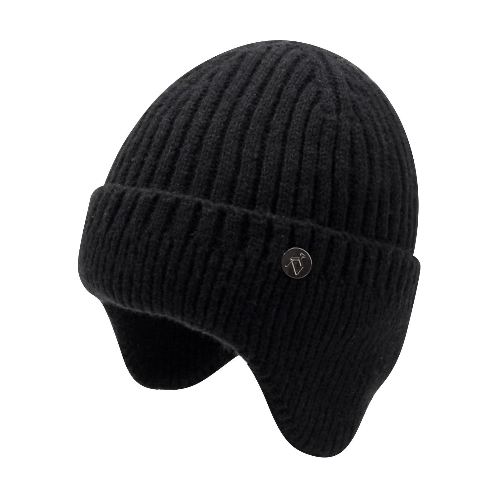 Winter Woolen Hat Men s Ear Hat With Thick Velvet, Outdoor Warmth And Windproof, Winter Knitted Hat One Size чёрный