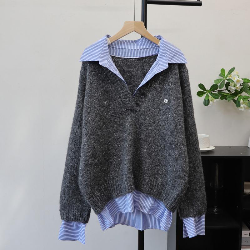 Splicing Shirt Fake Two-piece Knitted Sweater Top Autumn and Winter New Design Sense Loose and Thin Sweater Pullover Woman