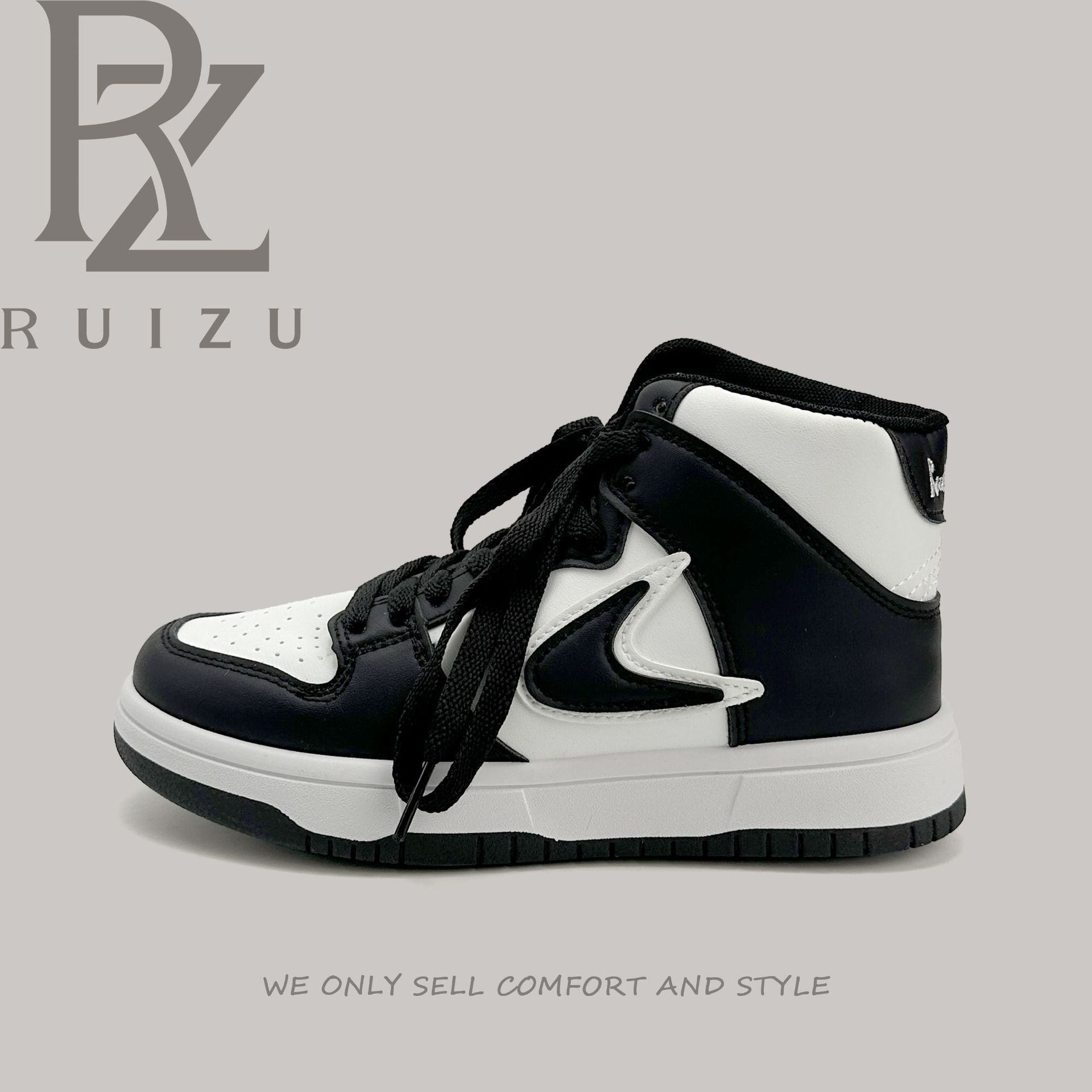 

RZ high-top classic board shoes 22 years old spring new thick-soled casual microfiber leather sports shoes 35 чёрный