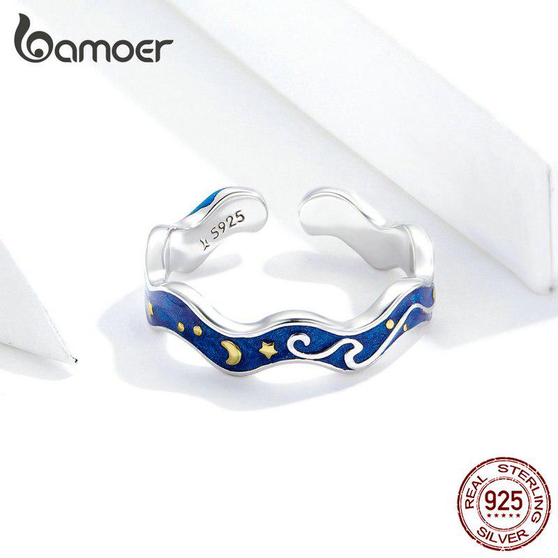 Bamoer Hot Fashion Real 925 Sterling Silver Starry Sky Blue Ring For Women Adjustable Rings Jewelry
