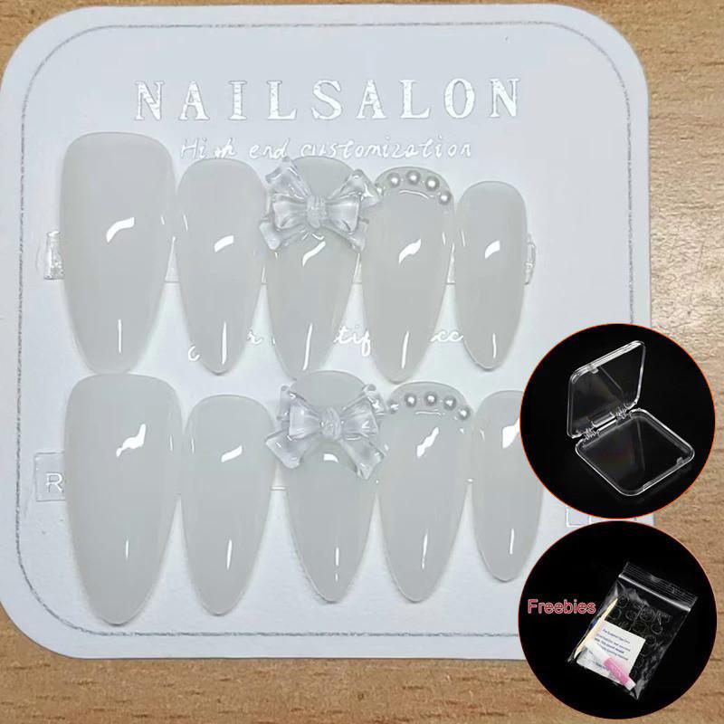 

Ручная работа, миндалевидная форма, белый нефрит, цвет желе, искусственный дизайн ногтей, простой жемчуг, влага, прозрачный бант, универсальный пресс на ногтях, набор накладных ногтей L