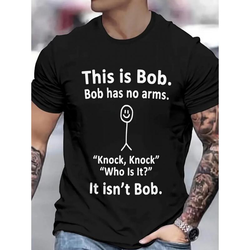 Men'S Retro Crew Neck T-shirt, "Bob Has No Arms" Humorous Print Pattern, Slight Stretch, Regular Cut, Summer Casual Sports Fashion T-shirt.