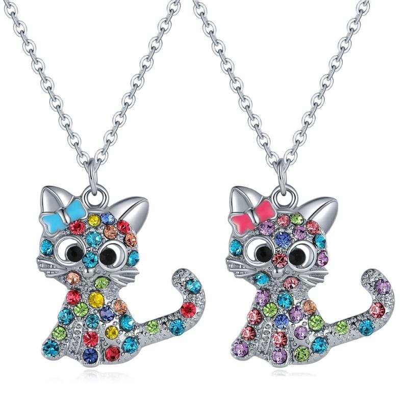 Cat Jewelry Set for Girls Necklace Bracelet Ring Stud Earring Sets for Kids Rainbow Rhinestones Jewelry for Women Girls