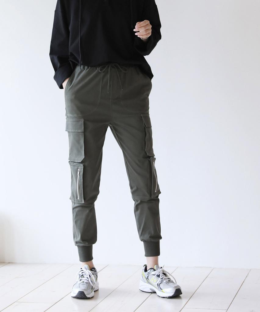 Ppaeppae Elastic Waist Two-Big Pocket Stretch Cargo Jogger Pants
