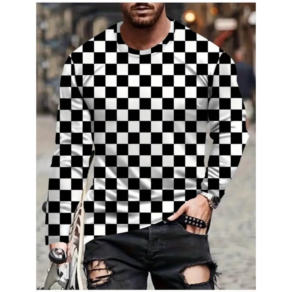 T Shirts for Man Geometric Block 3D Print Autumn Long Sleeve T-Shirt Pullover Casual Male Tops Street Lightweight Men's Clothes