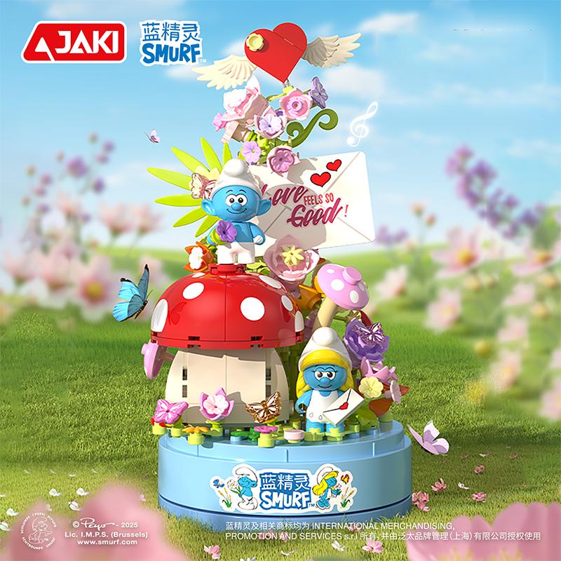 Smurfs Love Letter Music Box Building Blocks Rotating Music Box Model Bricks Desktop Ornaments Kids DIY Toys Holiday Gifts
