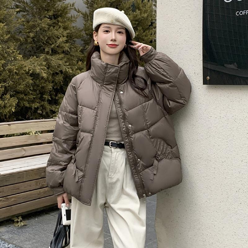 Down jacket women's 2024 winter new fashion design sense pocket thickened stand-up collar white duck down warm jacket