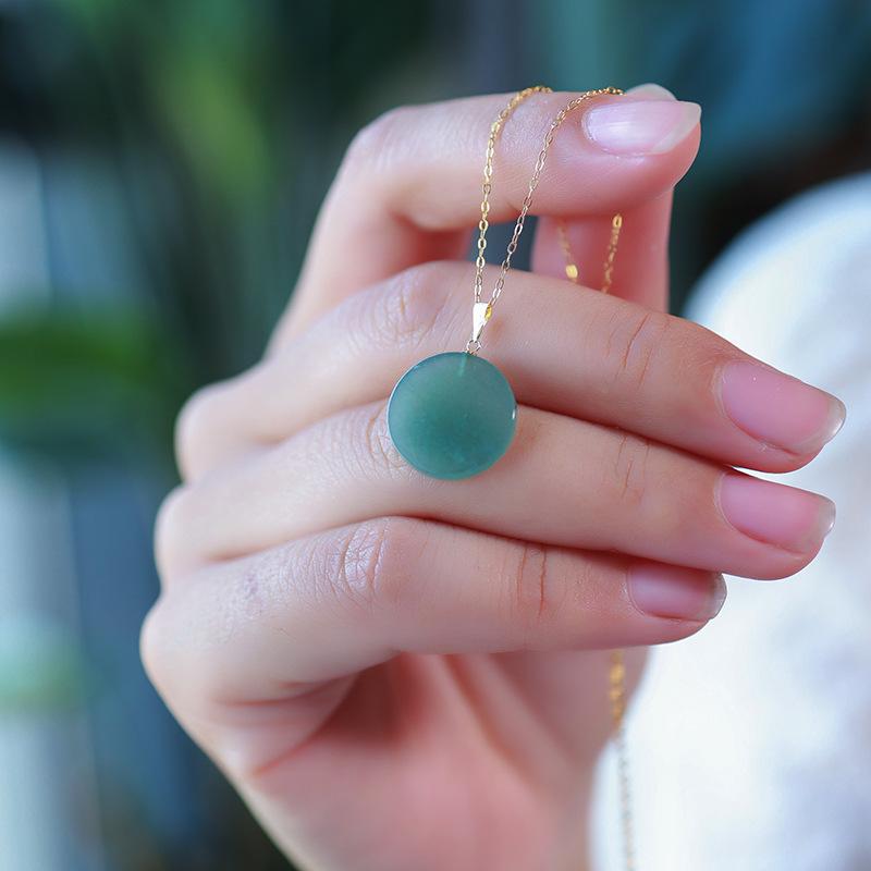 Ice-Clear 18K Gold Clasp Natural Blue Water Jade Pendant Necklace