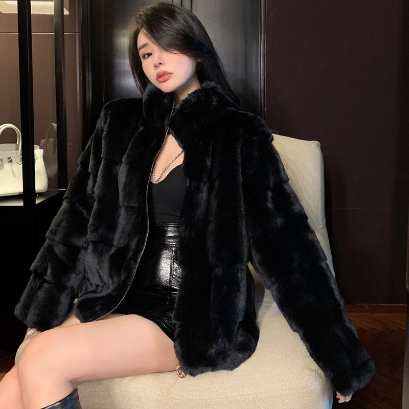 France Elegant Fur Warm Short Coat Women Winter Fleece Vintage Stand Collar Wool Jacket Korean Fashion Designer Clothes 2024 New