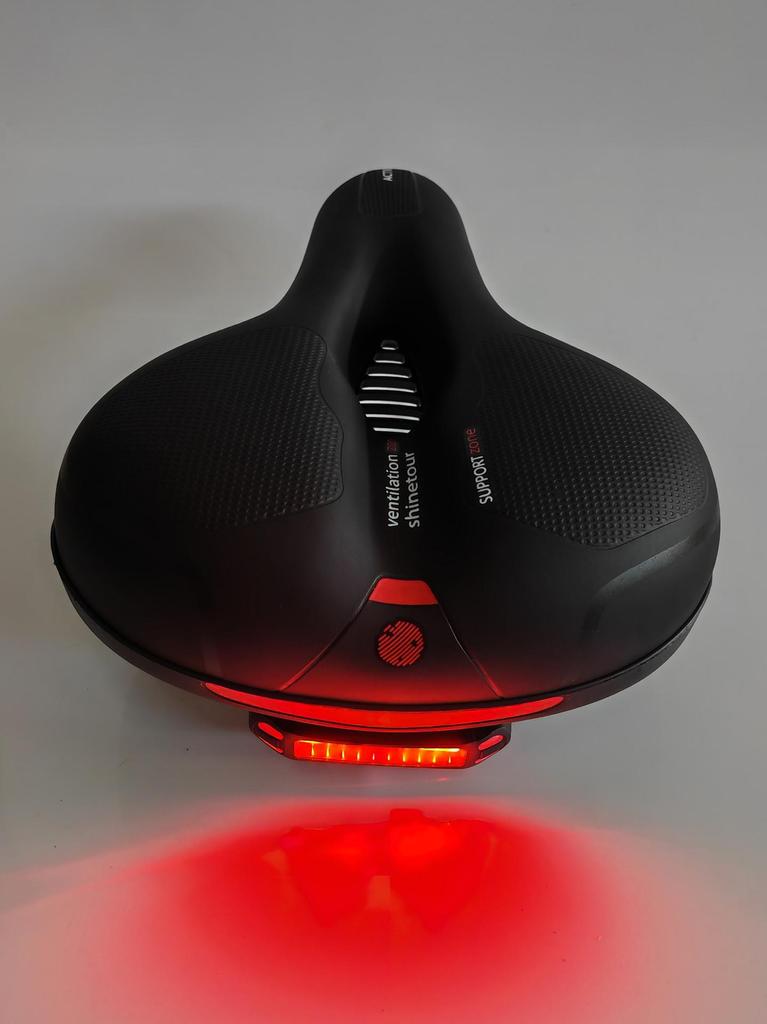 Mountain Bike Saddle with Center Hole, Cushion, USB Charging Tail Light Holder, Shock Absorbing Ball, and Lighted Seat Bag