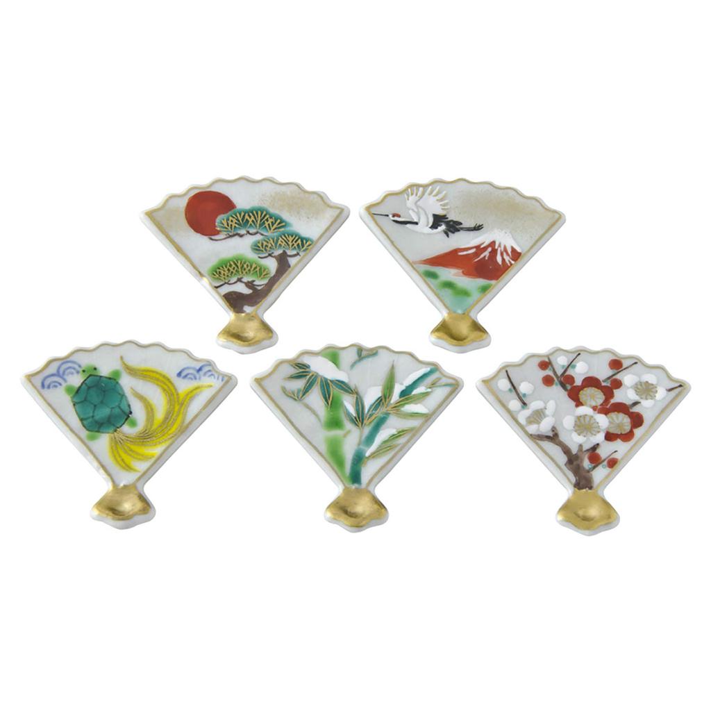 Set of 5 5cm Chopstick Rests with Auspicious Fan Hozan Made in Japan Designs, Kyoyaki, Kiyomizu-yaki, Kiln, HHO682,