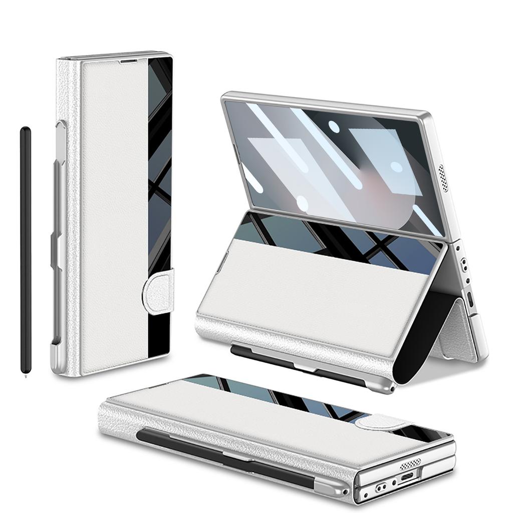 Samsung Z Fold6 Mobile Phone Chitin Leather Bracket Folding Screen Anti Fall Flip Cover Leather Case Film Integrated Pen Slot