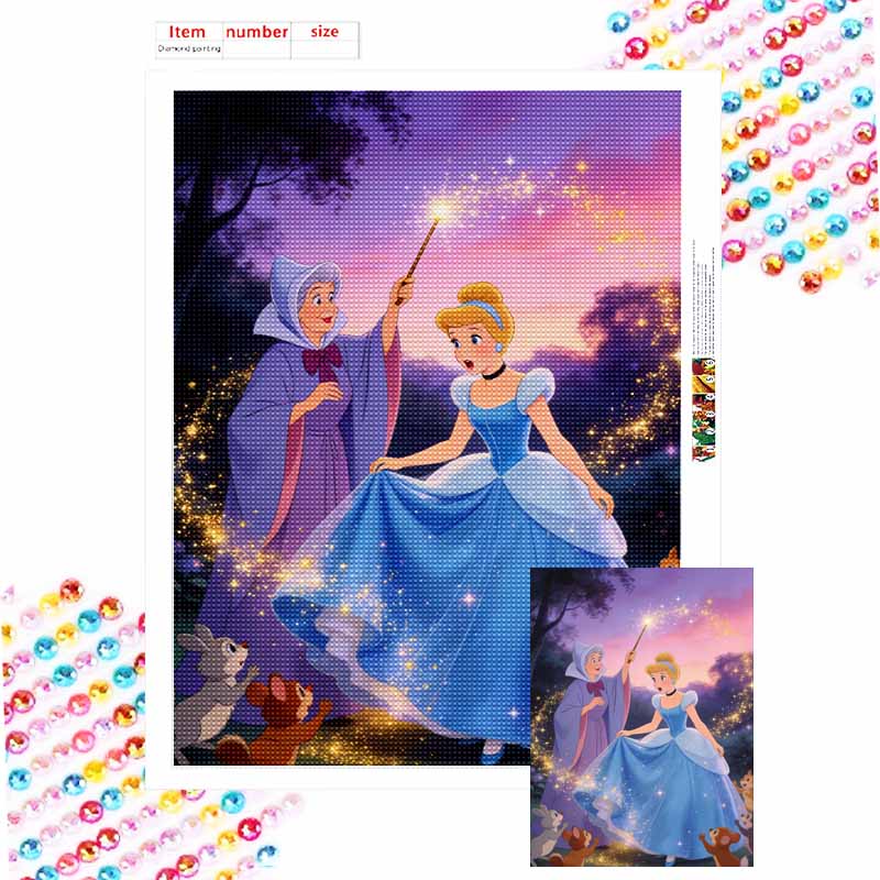 Disney Diamond Painting Kit 5D Full Round Diamond DIY Crafts Home Decoration Creative GiftCinderella Fairies Sparkle Magic Enchanted Dream Round 20x30cm