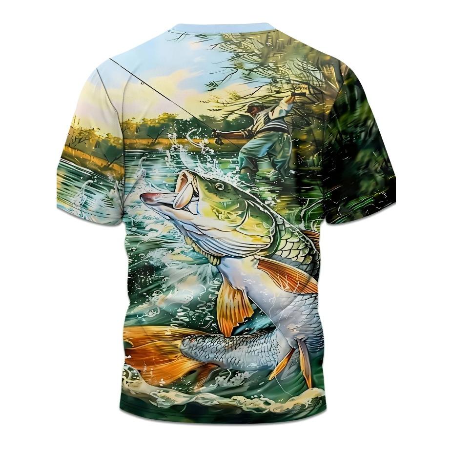 Mens Vibrant Fish Print Casual T-Shirt - Breathable Slight Stretch Polyester Crew Neck Tee for Outdoor Perfect for Summer