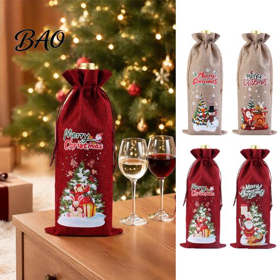 Decorative Bottle Bags for Christmas Wine Bag, Vintage Drawstring Sleeve, Reusable Faux Holiday Party Packaging Linen Cover Clothes New Year